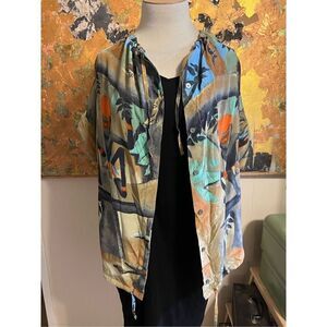 Rosa Cha Brazil Art to Wear Silk Shirt W/Drawstring Waist & Collar Native Print